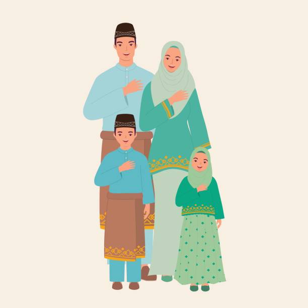 Happy Muslim Family Dressed In Beautiful Traditional Clothes Greeting. Hari Raya Aidilfitri. Hari Raya Puasa. Happy Muslim Family Dressed In Beautiful Traditional Clothes Greeting With Hand On Chest Pose. Full Length, Isolated On Solid Color Background. Vector, Illustration, Flat Design, Character. muslim family stock illustrations