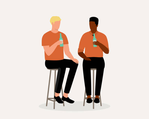 ilustraciones, imágenes clip art, dibujos animados e iconos de stock de dos hombres con diferentes etnias bebiendo cerveza juntos. - talking chair two people sitting