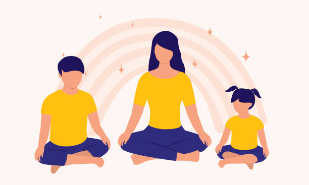 Mother And Children Doing Meditation Together. Mother With Two Children Sitting Cross-Legged Doing Meditation Together. Full Length, Isolated On Rainbow Abstract Background. Vector, Illustration, Flat Design, Character. mindfulness children stock illustrations