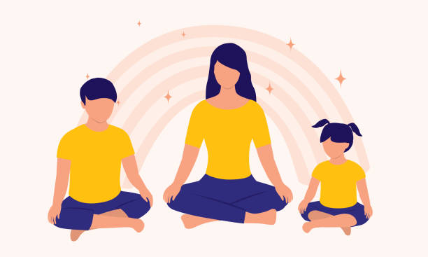 Mother And Children Doing Meditation Together. Mother With Two Children Sitting Cross-Legged Doing Meditation Together. Full Length, Isolated On Rainbow Abstract Background. Vector, Illustration, Flat Design, Character. mindfulness kids stock illustrations