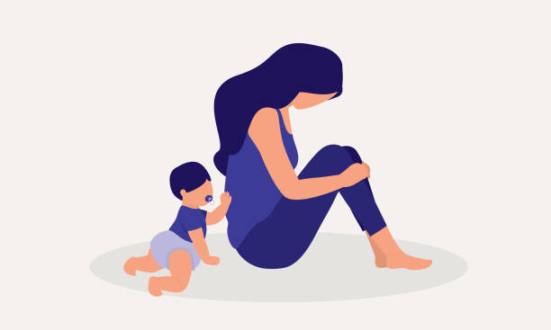 ilustrações, clipart, desenhos animados e ícones de ansiedade mãe luta com depressão pós-parto. - one kid only illustrations