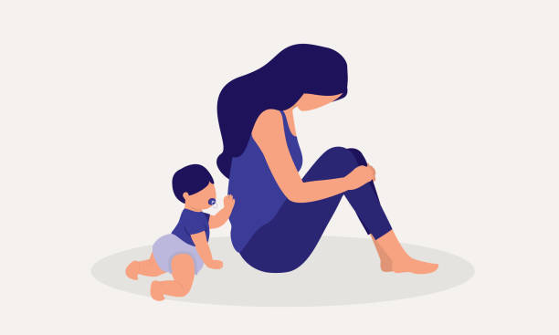 Anxiety Mother Struggle With Postpartum Depression. Depression Mother Neglecting Her Child. Full Length, Isolated On Solid Color Background. Vector, Illustration, Flat Design, Character. postpartum depression stock illustrations