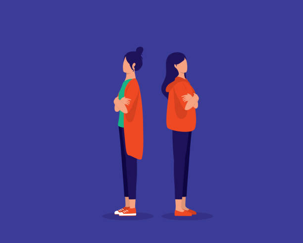 Two Woman Unfriend With Each Other. Two Young Woman Standing Back To Back With Arm Crossed Unfriend With Each Other. Full Length, Isolated On Solid Color Background. Vector, Illustration, Flat Design, Character. negative emotion illustrations stock illustrations