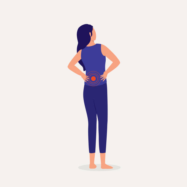 Woman Suffering From Back Pain. Young Woman Holding Her Back In Pain. Full Length, Isolated On Solid Color Background. Vector, Illustration, Flat Design, Character. back pain stock illustrations