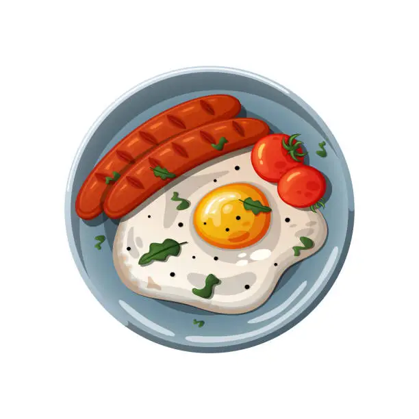 Vector illustration of Fried egg with sausages and tomatoes