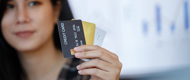 Close up credit card in hand of women, Female purchase and payment.