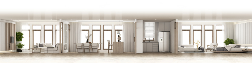 Interior in vintage minimalist style in the living dining  bedroom. using wood material and light gray cloth on parquet floor and subframe walkways in apartment with large windows 3d render panorama