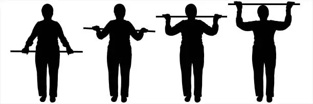 Vector illustration of An elderly woman in her 80s is exercising. Sport. Four positions of one silhouette: smooth lifting of a gymnastic stick by a person. Poses for animation. Black female silhouette isolated on white.
