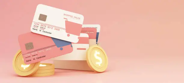 Photo of Close up of shopping online design on credit card, levitating template mockup Bank credit card with online service isolated on pink background, digital coin, wallet, copy space 3d rendering