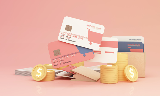 Close up of shopping online design on credit card, levitating template mockup Bank credit card with online service isolated on pink background, digital coin, wallet, copy space 3d rendering