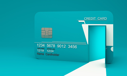 concept of financial opportunity shopping online design on green credit card template mockup Bank credit card with green open door on card isolate on green background with copy space 3d rendering