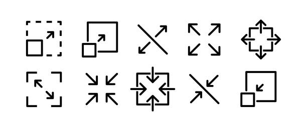stockillustraties, clipart, cartoons en iconen met scaling and sizing arrows vector icons set. resize, increase, decrease, scalability ui design symbol - schaal begrippen