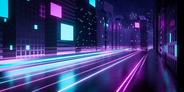 3d rendering futuristic cyberpunk city with blue and pink light trail. Concept sci fi downtown at night with skyscraper, highway and billboards.