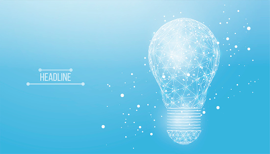 Wireframe polygonal lightbulb. Internet technology network, business idea concept with glowing low poly bulb. Futuristic modern abstract. Isolated on blue background. Vector illustration