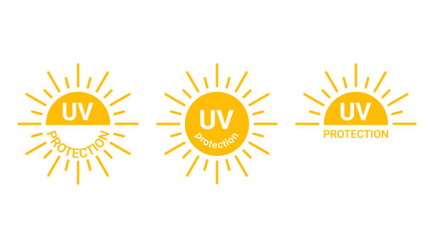 Yellow sun with inscription uv protection icon, sunblock from sunshine and solar burn. Circle full sun and sunlight. Hot solar energy for tan. Vector sign Yellow sun with inscription uv protection icon, sunblock from sunshine and solar burn. Circle full sun and sunlight. Hot solar energy for tan. Vector sun exposure stock illustrations