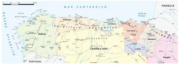 Vector illustration of detailed vector map of northern Spain provinces