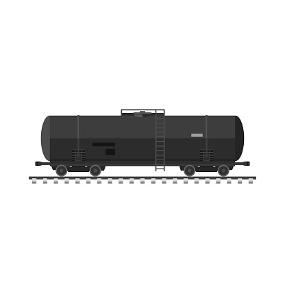 Black railway tanker with oil or other fuel. Black rail tank car.