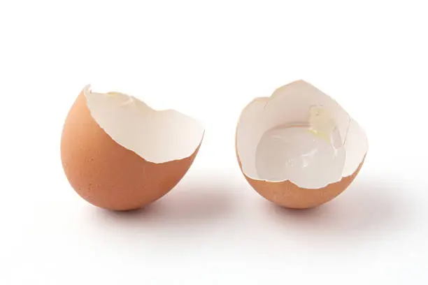 half of broken eggshells isolated on a white background. The eggshell is broken into 2 pieces. Eggshells are oval, brown, brittle and thin, easily broken.