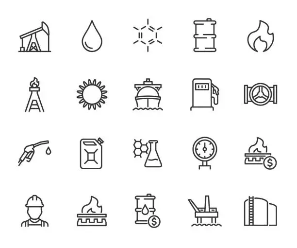 Vector illustration of Vector set of oil and gas line icons. Contains icons oil well, gas station, gasoline, tanker, burner, fuel, canister, petroleum and more. Pixel perfect.