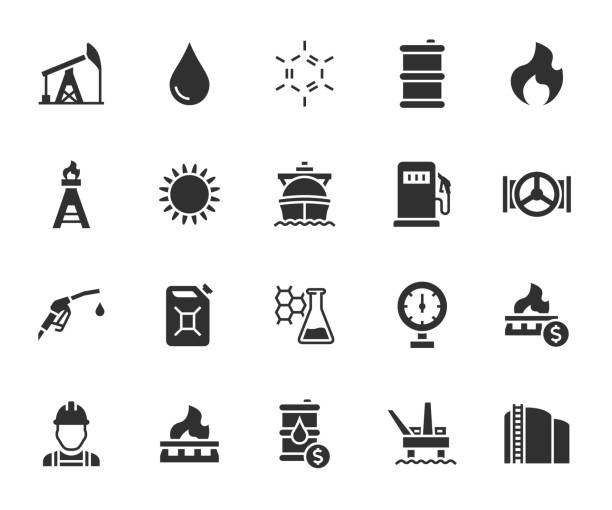 wektorowy zestaw płaskich ikon ropy i gazu. zawiera ikony szybu naftowego, stacji benzynowej, benzyny, cysterny, palnika, paliwa, kanistra, ropy naftowej i innych. piksel idealny. - fuel pump gasoline natural gas gas station stock illustrations