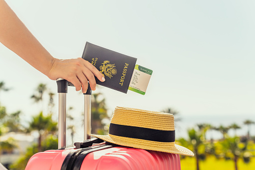 Woman with pink suitcase and amerian passport with boarding pass standing on passengers ladder of airplane opposite sea with palm trees. Tourism concept