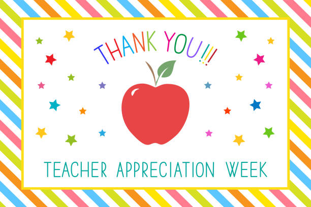 Teacher appreciation week concept. Text Thank you, stars, red apple in white frame on colorful striped background. teacher appreciation week stock illustrations