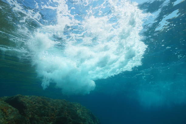 istock Underwater sea foam made by wave breaking 1387794871