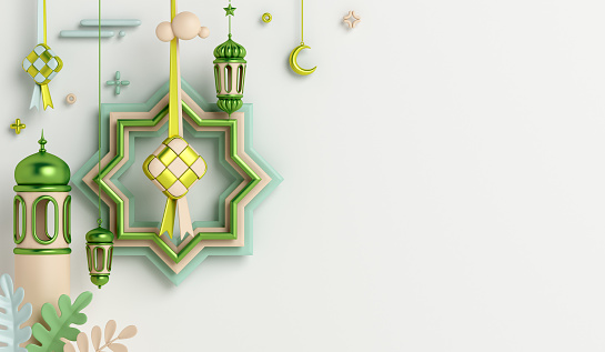 Fondo de decoración islámica con ketupat, mezquita, media luna, estilo de dibujos animados de linterna, ramadán kareem, eid al fitr, área de texto de espacio de copia, ilustración en 3D. photo
