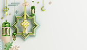 Islamic decoration background with ketupat, mosque, crescent, lantern cartoon style, ramadan kareem, eid al fitr, copy space text area, 3D illustration.
