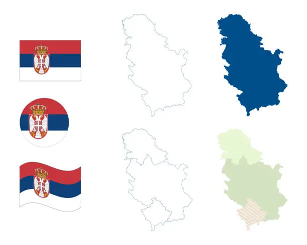 Vector illustration of Serbia map. Detailed blue outline and silhouette. Administrative divisions and autonomous provinces. Country flag. Set of vector maps. All isolated on white background. Template for design.