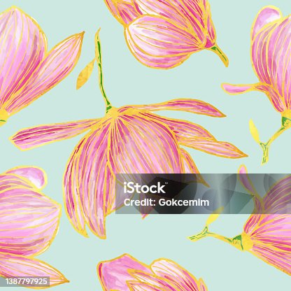 istock Hand Drawn Seamless Pattern with Gold and Pink Magnolia Flowers.  Oil, Acrylic Painting Floral Pattern. Design Element for Greeting Cards and Wedding, Birthday and other Holiday and Invitation Cards. 1387797925