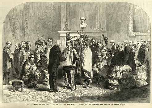 Vintage illustration of James Buchanan U.S. President meeting chief's of the Pawnees and Poncas, 1858, 19th Century