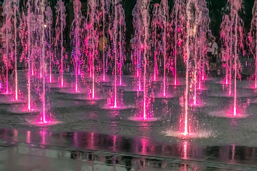 Jets of water spouting from the ground of the Pedestrian Fountain with purple-pink illumination at night in Mykolaiv, Ukraine. Modern city fountain with illumination