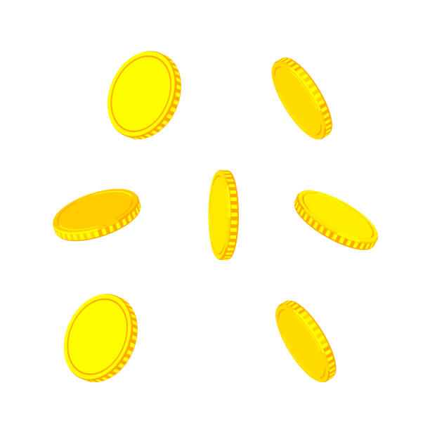 흰색 배경이있는 황금 동전 그룹 - three dimensional yellow three dimensional shape luck stock illustrations