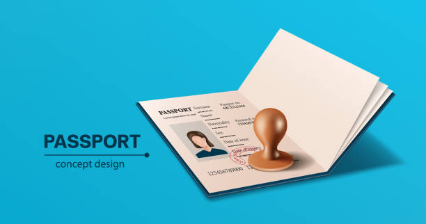 ilustrações, clipart, desenhos animados e ícones de um carimbo de borracha de madeira no modelo de passaporte azul de uma garota para projetar mídia publicitária - passaporte e visto