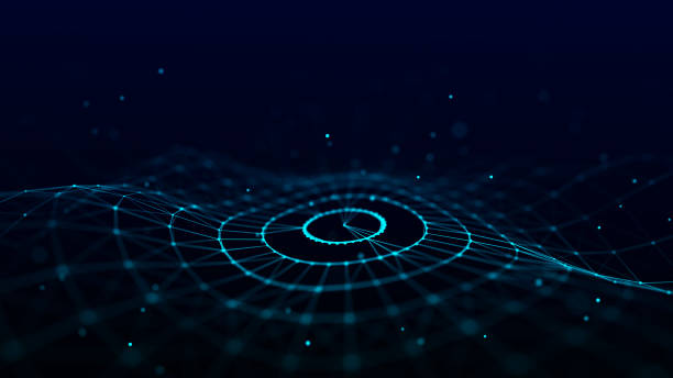 istock Futuristic wave. Dark cyberspace. Abstract sound wave with dots. White moving particles on a blue background. 3d rendering. 1387809109