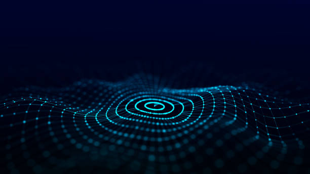 istock Futuristic wave. Dark cyberspace. Abstract sound wave with dots. White moving particles on a blue background. 3d rendering. 1387809111