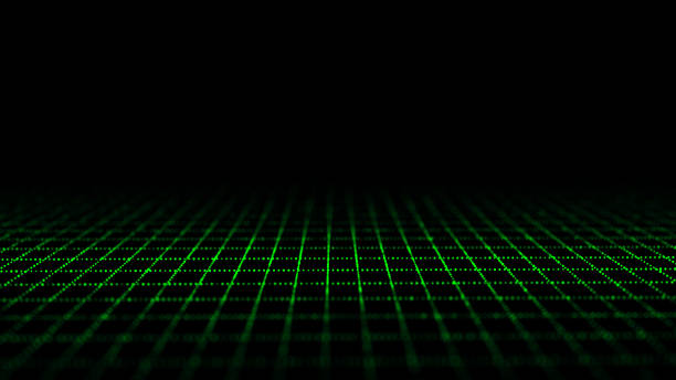 istock Wireframe landscape. Perspective grid. Digital space. Green mesh on a black background. 1387809267