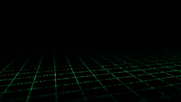 istock Wireframe landscape. Perspective grid. Digital space. Green mesh on a black background. 1387809273