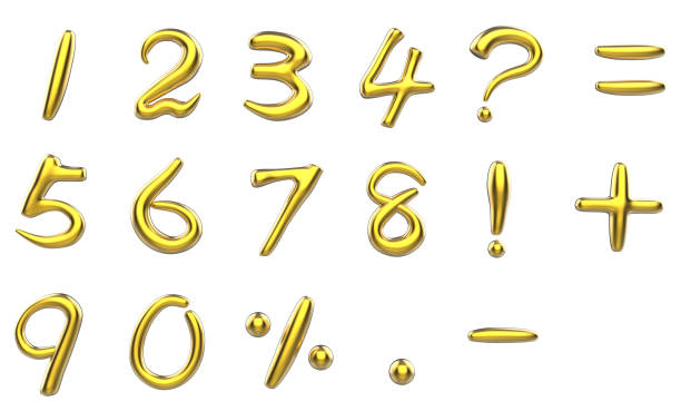 3D Illustration of numbers with percentage, plus, equals, exclamation mark, question mark,  and dot symbols in gold color