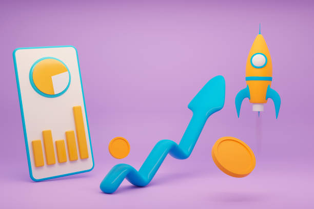 istock Growth stock chart up statistics, asset growth over time. Phone, arrow, coins, rocket, graph. Positive trend. The growth of the world economy. 3d rendering illustration on lilac background. 1387810131