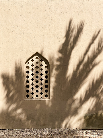 Palm Tree Shadow over an ancient arabic patterned stone window