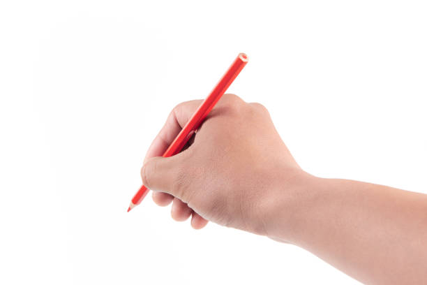 istock man's hand with the pencil isolated on white background. 1387814829