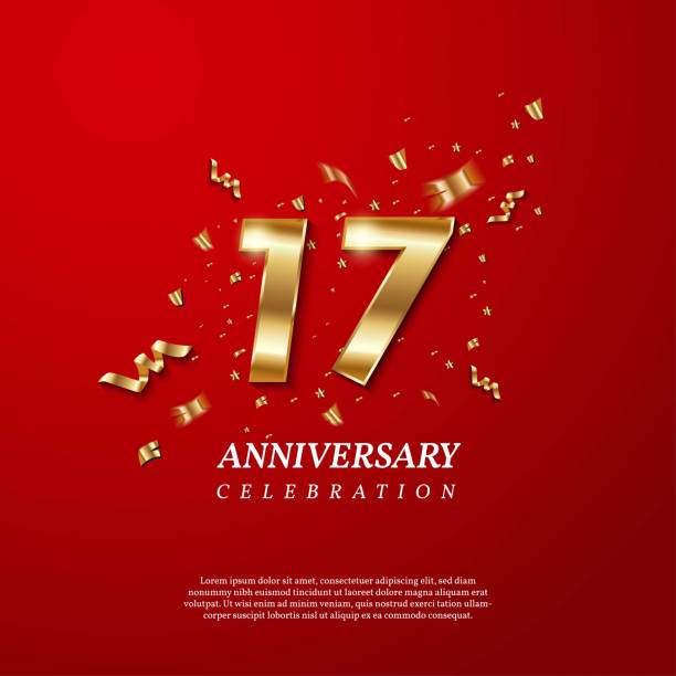 ilustrações de stock, clip art, desenhos animados e ícones de 17th anniversary celebration. golden number 17 with sparkling confetti, stars, glitters and streamer ribbons on red background. vector festive illustration. birthday or wedding party event decoration - streamer celebration anniversary backgrounds