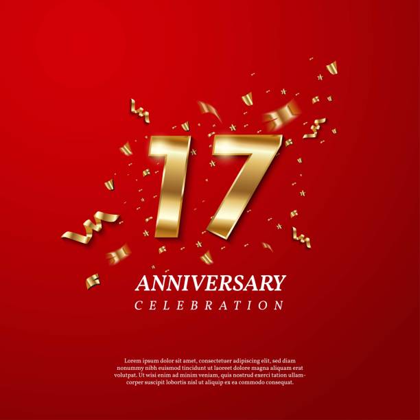 17th Anniversary celebration. Golden number 17 with sparkling confetti, stars, glitters and streamer ribbons on red background. Vector festive illustration. Birthday or wedding party event decoration 17th Anniversary celebration. Golden number 17 with sparkling confetti, stars, glitters and streamer ribbons on red background. Vector festive illustration. Birthday or wedding party event decoration Number 17 stock illustrations