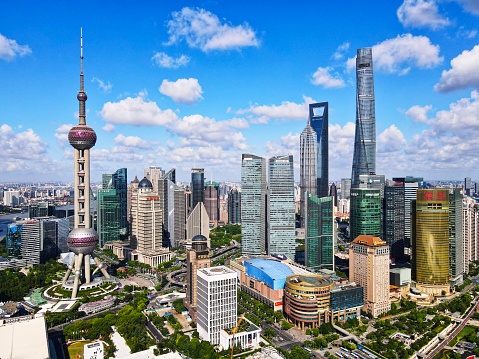 A drone photo of the skyline on a beautiful clear day in Shanghai.