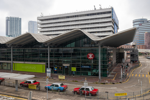 Hong Kong - March 26, 2022 : MTR Hung Hom Station in Hung Hom, Kowloon, Hong Kong. It is the southern terminus of the East Rail line and an intermediate station of Tuen Ma line domestic services of the MTR network, as well as cross-border through trains to mainland China.