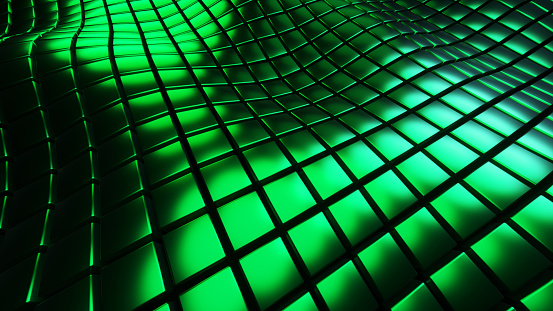 Green background 3D, squares pattern waves, abstract technology field of cubes, fantastic sea of neon glowing texture, 3D render illustration background.