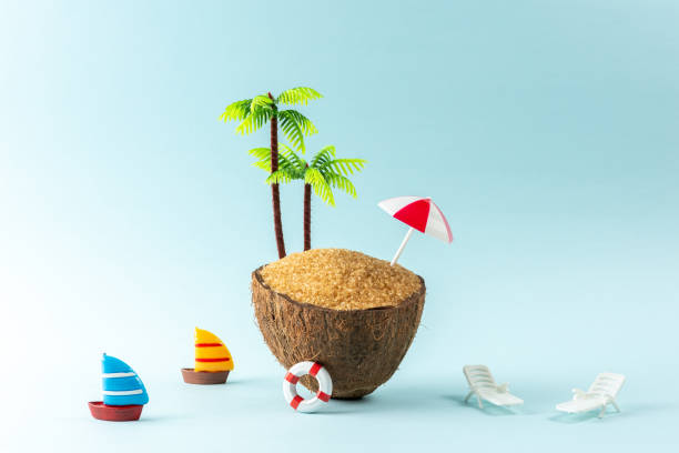 istock Creative beach concept made of coconut fruit, palm tree and summer stuff . Minimal summer background. 1387824423
