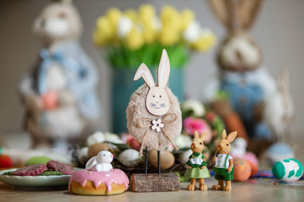 Closeup shot of cute Easter bunnies and Easter decoration. Happy Easter. Easter background image. Easter bunny.